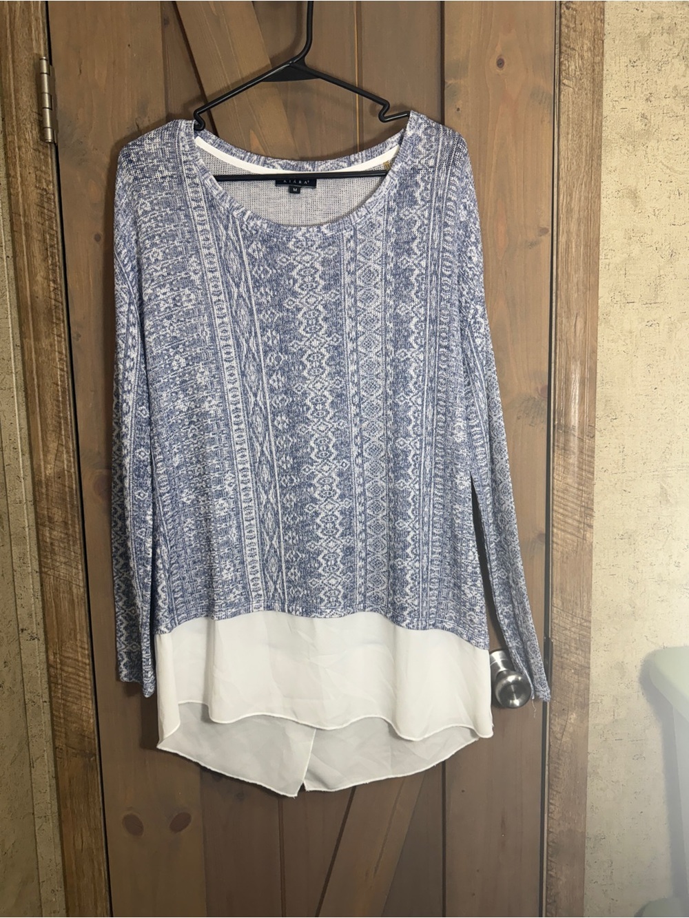 Kiara Blue Patterned Mixed-Media Long Sleeve Top with White Hem